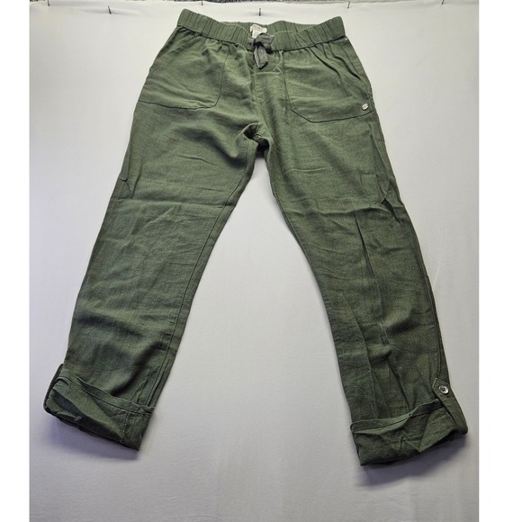 Roxy Pants - Roxy Womens Olive Green Linen Blend Roll Tab Cuff Elastic Waist Pants XS